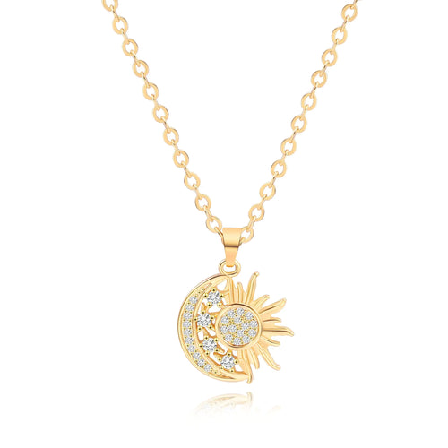 18K Gold Crescent Moon Star Pendant Necklace