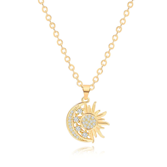 18K Gold Crescent Moon Star Pendant Necklace
