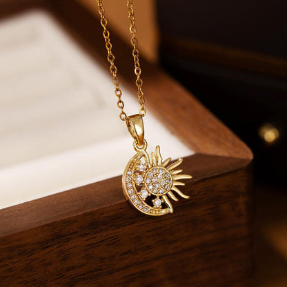 18K Gold Crescent Moon Star Pendant Necklace