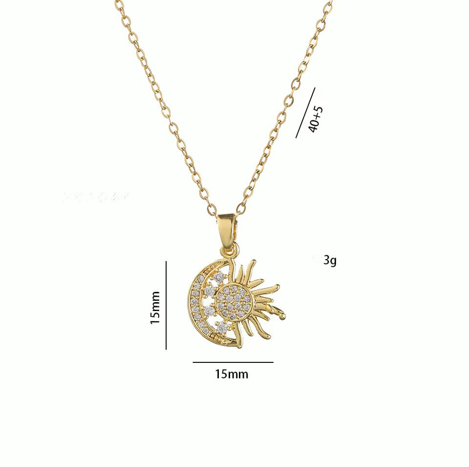 18K Gold Crescent Moon Star Pendant Necklace