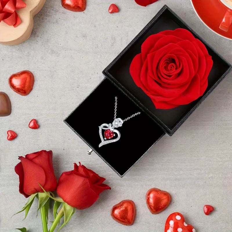 Rose Box Heart Pendant Necklace, I Love You Jewelry Gift for Mom, Wife, Lover, Daughter, Girlfriend, Christmas Best Friend